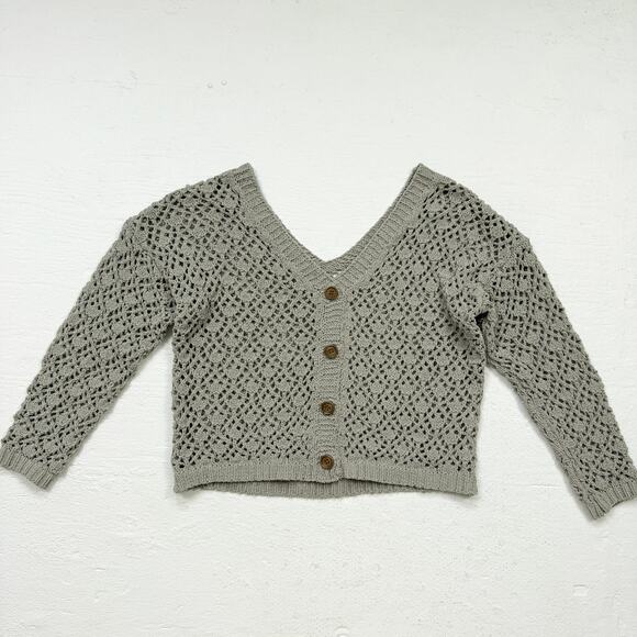Open Knit Faded Green Pullover Sweater Top Large Fit Fake Button Front Crochet - Picture 1 of 6